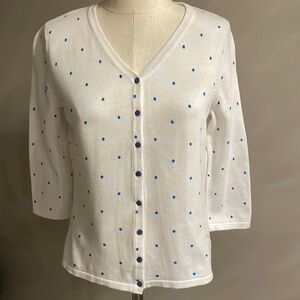 SAG HARBOR GOLF woman’s button down v cardigan blue polka dots 100% cotton SM